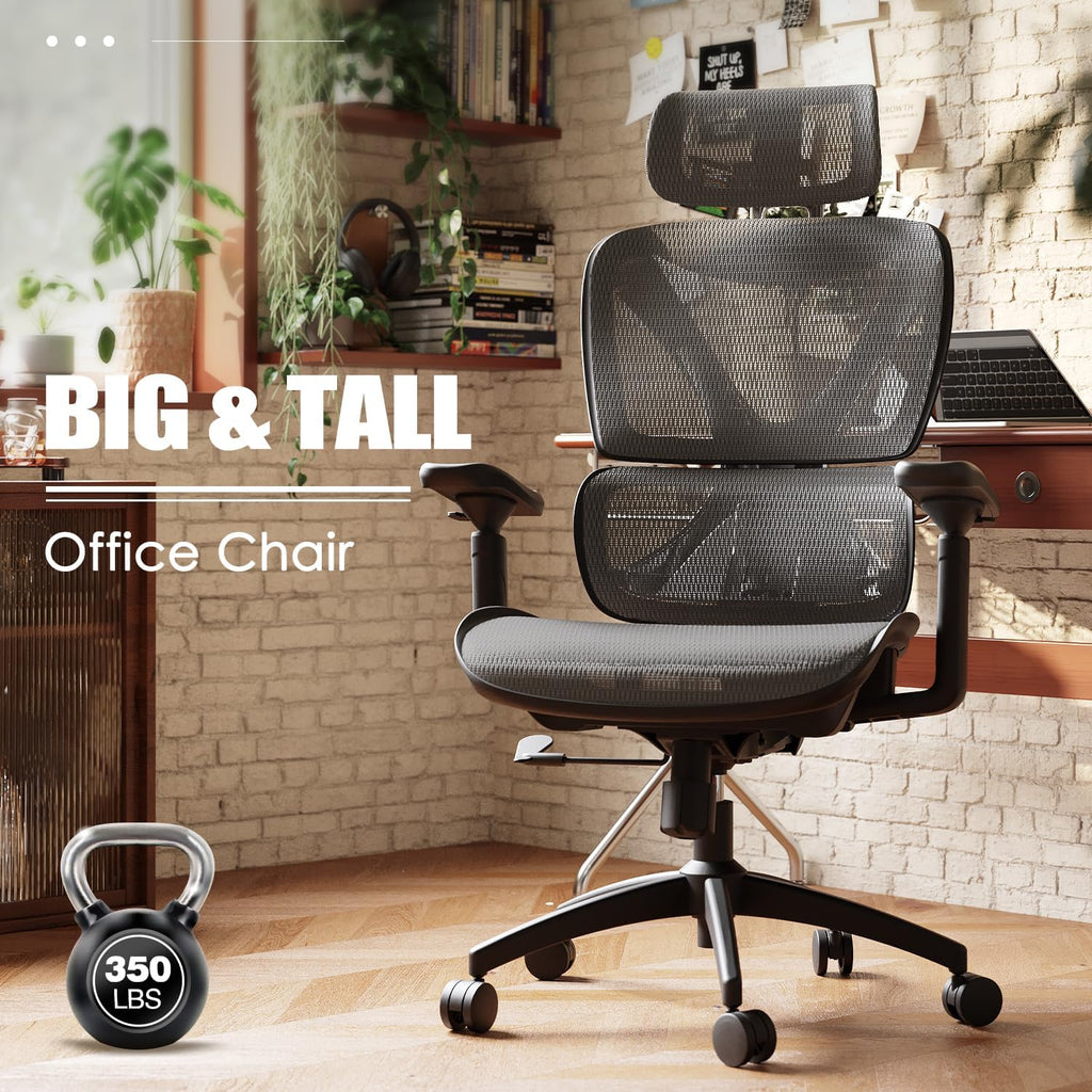 Ergonomic Office Chair, Big and Tall Mesh Chair with Lumbar Support, 3D Armrest - 215° Rotation, Adjustable Headrest & Soft Seat, Durable Desk Chair 350LBS for Work Gaming Computer,Grey