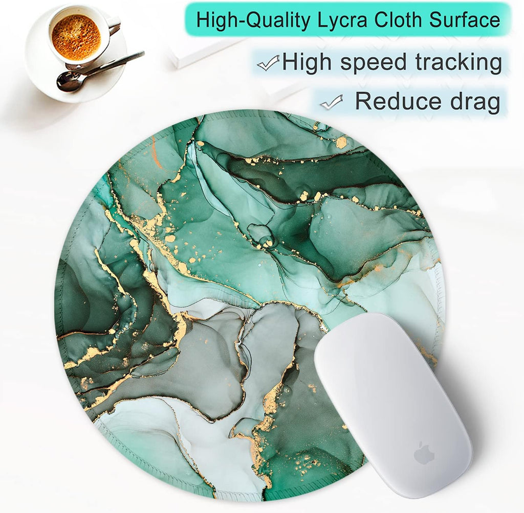 round Mouse Pad with Stitched Edge Premium-Textured Waterproof Non-Slip Rubber Base Desktop Protection Mat Diameter 8.7 Inches, Green Marble Texture