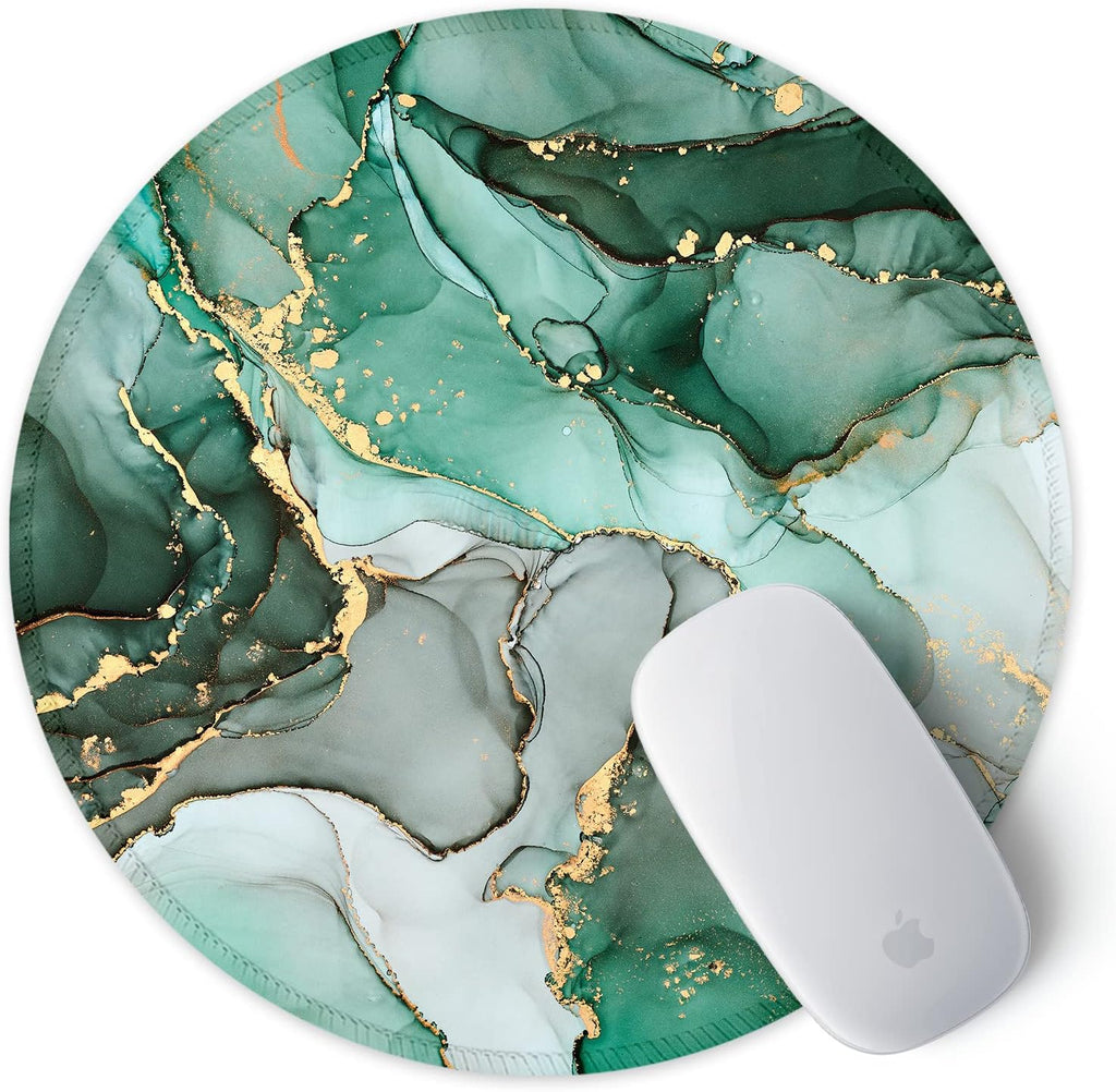 round Mouse Pad with Stitched Edge Premium-Textured Waterproof Non-Slip Rubber Base Desktop Protection Mat Diameter 8.7 Inches, Green Marble Texture
