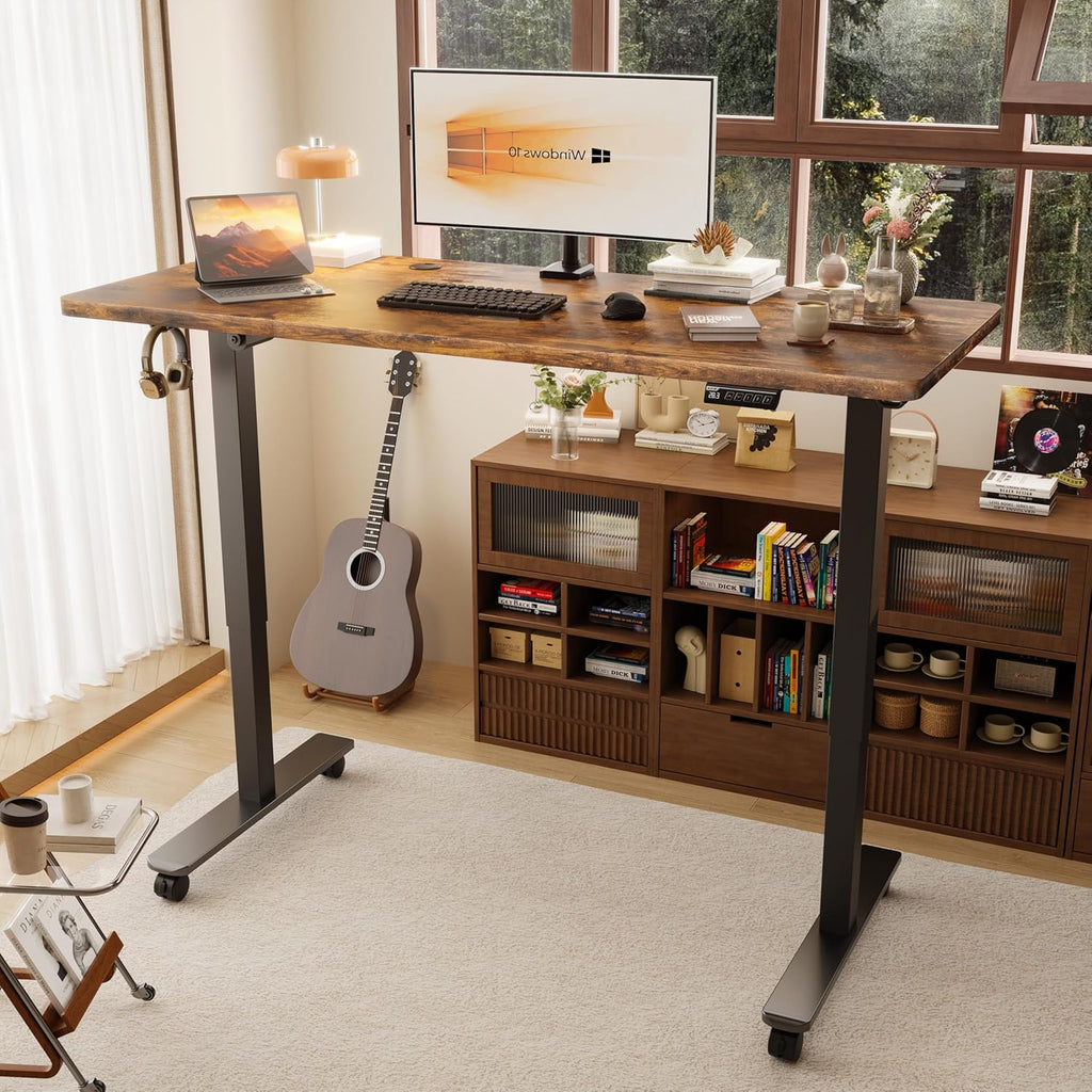 55" Electric Standing Desk,Height Adjustable Home Office Sit Stand up Computer PC Table,Tall Standup Workstation, Gaming Writing Study Bedroom Rising Desks,Brown