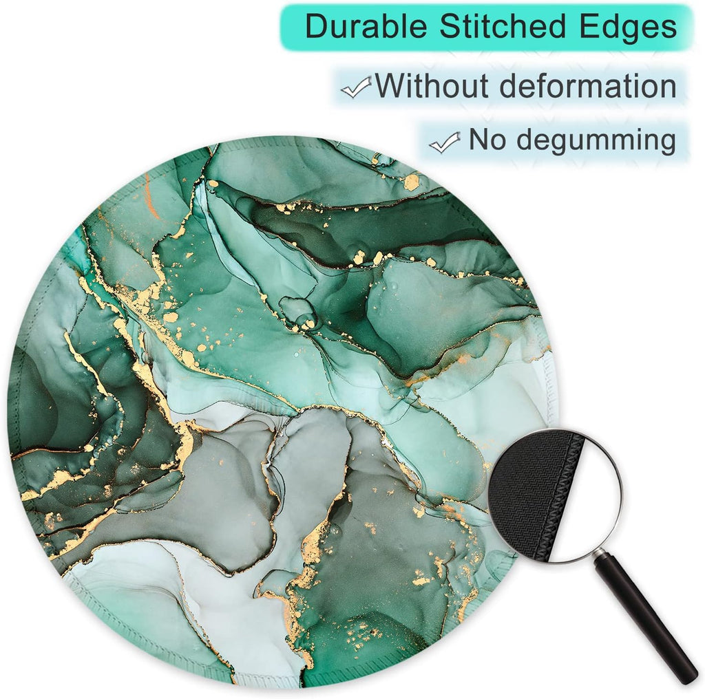 round Mouse Pad with Stitched Edge Premium-Textured Waterproof Non-Slip Rubber Base Desktop Protection Mat Diameter 8.7 Inches, Green Marble Texture